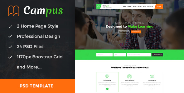 Campus - Education, Course, e-Learning and Events PSD Template Campus - Education, Course, e-Learning and Events PSD Template